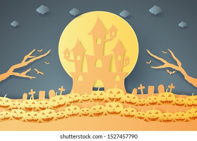Halloween pumpkin pattern with castle, paper art style