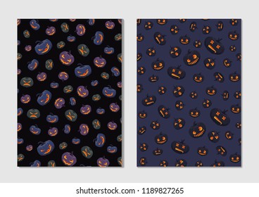 Halloween pumpkin pattern. Dark backgrounds with gourds silhouette. Jack O'Lantern vector characters.