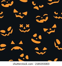 Halloween pumpkin pattern. Emoji face, funny spooky autumn jack face, creepy dark holiday, evil eyes and mouth print. Decor textile, wrapping paper, wallpaper. Vector seamless background