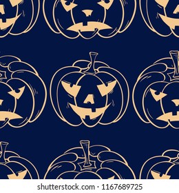 Halloween pumpkin pattern. Golden blue seamless background for textile, wallpapers and fabrics. Vector illustration