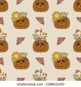 Halloween pumpkin pattern. Horror floral pumpkin background. Funny spooky pumpkin with fear face, mushrooms. Halloween seamless pumpkin. Spooky wallpaper, packaging design. Vector illustration.