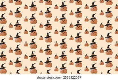 Halloween Pumpkin Pattern – Jack-o'-Lanterns with Witch Hats on Beige Background