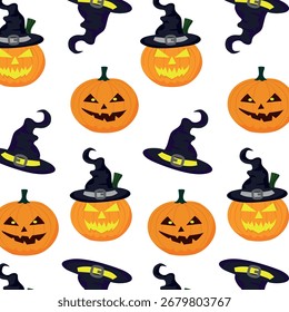 halloween pumpkin pattern. Vector drawing of pumpkins and witch hats print for holiday, print. Autumn Halloween party with scary pumpkins.