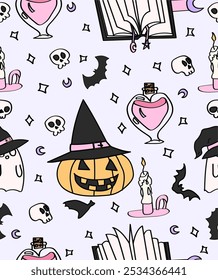 Halloween pumpkin pattern. witch magical seamless pattern.