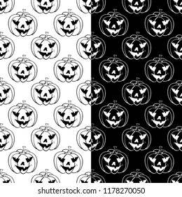 Halloween pumpkin patterns. Black and white monochrome seamless backgrounds for textile, wallpapers and fabrics. Vector illustration