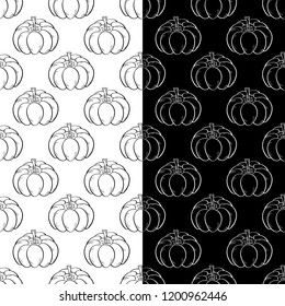 Halloween pumpkin patterns. Black and white monochrome seamless backgrounds for textile, wallpapers and fabrics. Vector illustration