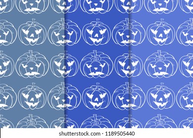 Halloween pumpkin patterns. Blue seamless backgrounds for textile, wallpapers and fabrics. Vector illustration