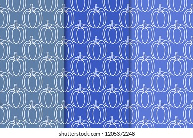 Halloween pumpkin patterns. Blue seamless backgrounds for textile, wallpapers and fabrics. Vector illustration