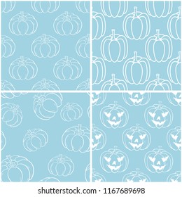 Halloween pumpkin patterns. Blue and white seamless backgrounds for textile, wallpapers and fabrics. Vector illustration