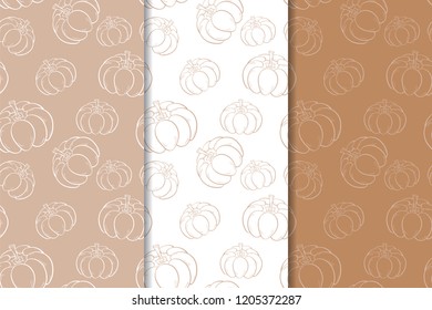 Halloween pumpkin patterns. Brown and white seamless backgrounds for textile, wallpapers and fabrics. Vector illustration