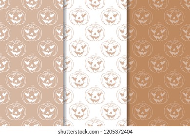 Halloween pumpkin patterns. Brown and white seamless backgrounds for textile, wallpapers and fabrics. Vector illustration