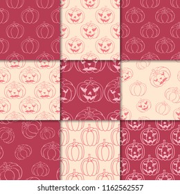 Halloween pumpkin patterns. Cherry red seamless backgrounds for textile, wallpapers and fabrics. Vector illustration