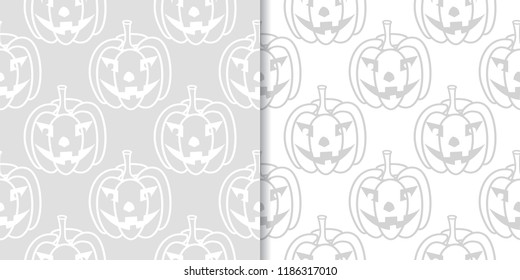 Halloween pumpkin patterns. Gray seamless backgrounds for textile, wallpapers and fabrics. Vector illustration