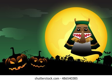 Halloween pumpkin and Phi Ta Khon thailand ghost with full moon background.