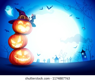 Halloween Pumpkin Pile. Stacked pumpkins in the moonlight. Jack O Lantern