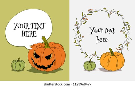 Halloween pumpkin plants vector art, postcard, background. Vector Illustration of a Halloween Background. Halloween background with pumpkin. Halloween party flyer. Hand draw postcard