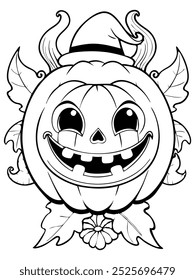 Halloween pumpkin with playful witch hat coloring page for kids