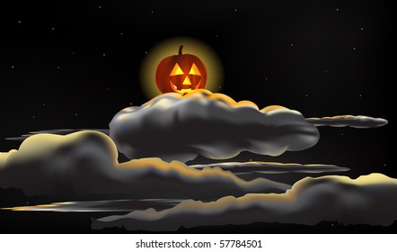 Halloween pumpkin playing moon behind clouds