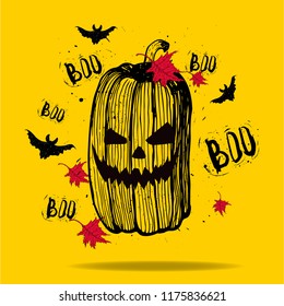 Halloween, pumpkin postcard, Boo, bats, maple leaves, vector fun illustration, hand drawing ink