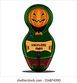 Halloween pumpkin with the poster in hands in style of a nested doll. It can be used on invitations to the party in honor of Halloween, in the form of labels or cards.