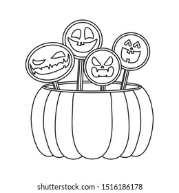 halloween pumpkin pot with sweet lollipops vector illustration design