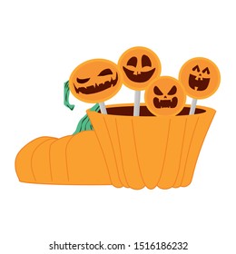 halloween pumpkin pot with sweet lollipops vector illustration design