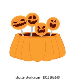 halloween pumpkin pot with sweet lollipops vector illustration design