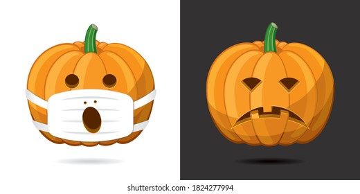 Halloween Pumpkin Protected with Mask and Screaming through It and Sad Unprotected Pumpkin Coronavirus Pandemy Devoted Concept - Orange on Black and White Background - Vector Mixed Graphic Design
