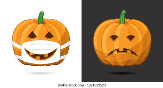 Halloween Pumpkin Protected with Mask and Smiling through It and Sad Unprotected Pumpkin Coronavirus Pandemy Devoted Concept - Orange on Black and White Background - Vector Mixed Graphic Design