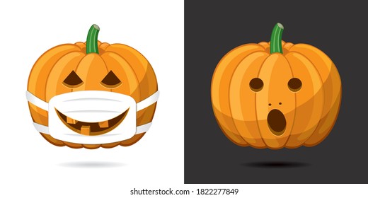 Halloween Kürbis, geschützt mit Maske und Lächeln durch sie und traurige ungeschützte Kürbis Coronavirus Pandemie gewidmet Konzept - Orange auf schwarz-weißem Hintergrund - Vektorgemischtes Grafikdesign