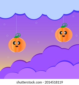 Halloween pumpkin and purple sunset with stars 