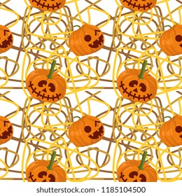 Halloween pumpkin and random background seamless pattern. vector illustration for fashion textile print and wrapping with festive design.