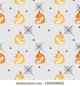 Halloween pumpkin with random web spider seamless pattern. vector illustration for fashion textile print and wrapping with festive design.