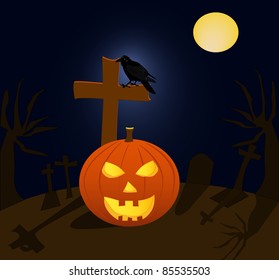 Halloween pumpkin and raven in cemetery during the full moon