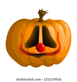 Halloween pumpkin with a red clown nose in cartoon style.