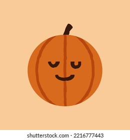 Halloween Pumpkin Relieved Emoticon, Cute Orange Face Emote With Closed Eyes, Raised Eyebrows, and a Slight Smile. October Holidays Jack O Lantern Isolated Vector.