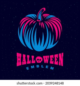 Halloween pumpkin retro engraved label. Classic vector emblem on dark background.