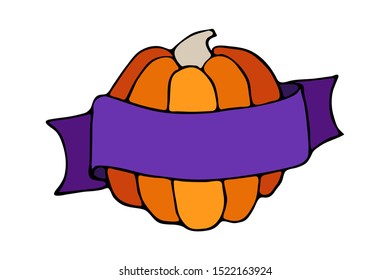 Halloween pumpkin with ribbon around. Autumn design template print with orange ripe fruit or a vegetable. Vector illustration with copy space. Template for text about autumn sale.