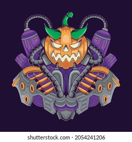 Halloween pumpkin robot illustration, perfect for design of t-shirts, stickers, merchandise, etc