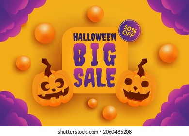 Halloween Pumpkin sale 50 percent off discount concept. Banner and background vector illustration