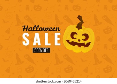 Halloween Pumpkin sale 50 percent off discount concept. Banner and background vector illustration
