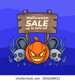 halloween pumpkin sale with skull and tombstone