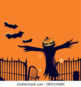 Halloween pumpkin scarecrow cartoon with bats design, Holiday and scary theme Vector illustration