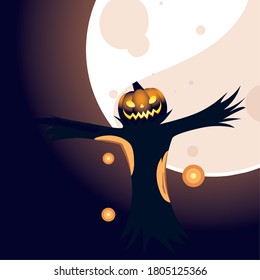 Halloween pumpkin scarecrow cartoon in front of moon design, Holiday and scary theme Vector illustration