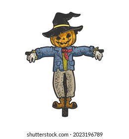halloween pumpkin scarecrow color sketch engraving vector illustration. T-shirt apparel print design. Scratch board imitation. Black and white hand drawn image.