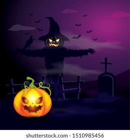 halloween pumpkin with scarecrow in dark night