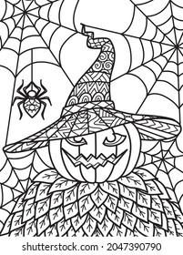 Halloween pumpkin scarecrow with mandala hat and spider web for printing, engraving or coloring book.