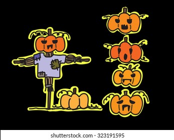 Halloween pumpkin scarecrow with set of various emotion pumpkin heads