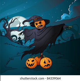 Halloween pumpkin scarecrow standing on a graveyard. Vector illustration with simple gradients. The elements are placed on five separate layers for easy editing.