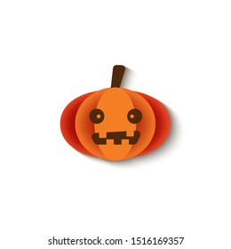 Halloween pumpkin with scared face and cute teeth isolated on white background. Orange Jack o lantern icon with dramatic shadow - vector illustration.